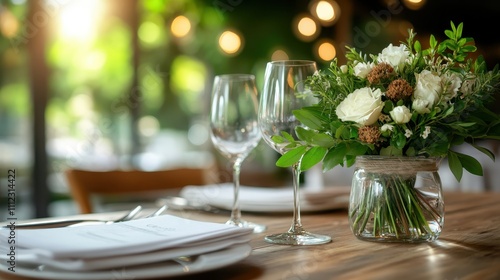 An inviting table arrangement featuring white floral centerpieces and sleek glassware, set against a warm backdrop, evoking feelings of romance and sophistication.