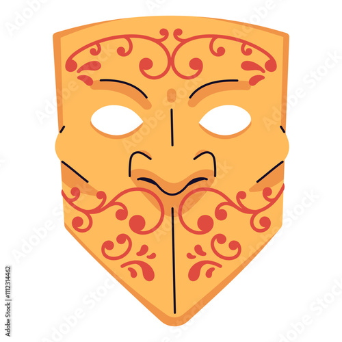 Golden Bauta mask for festive masquerade. Carnival disguise for Mardi Gras. Ornamented accessory for face. Venetian facial masque for theater. Flat isolated vector illustration on white background