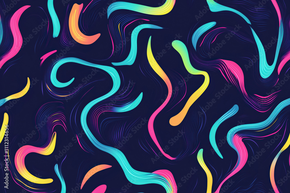 A wave pattern design with swishes of neon color on a dark blue background A wave pattern design with swishes of neon color on a dark blue background