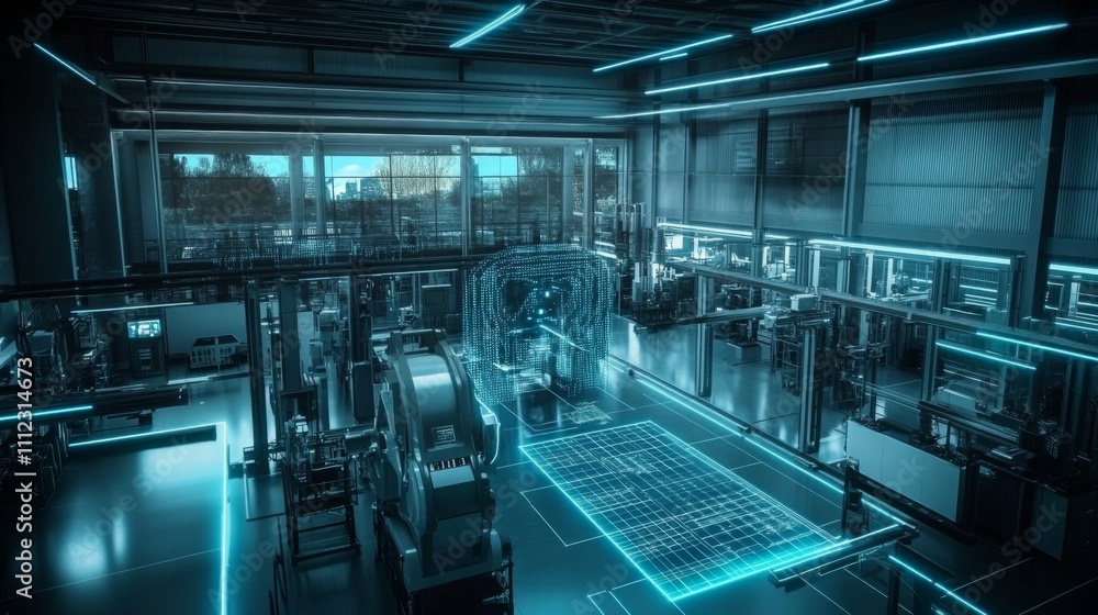 Fototapeta premium Modern Industry 0 Smart Factory Interior with IIoT Machineries and Automated Production Lines Optimizing Manufacturing Efficiency Enhanced