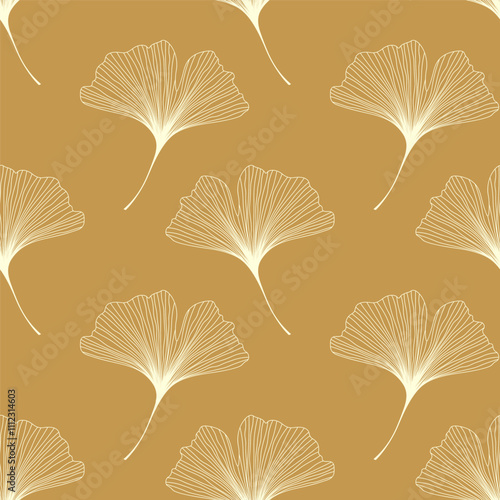 Seamless pattern with light yellow ginkgo biloba leaves on a mustard background. Vector foliage background.