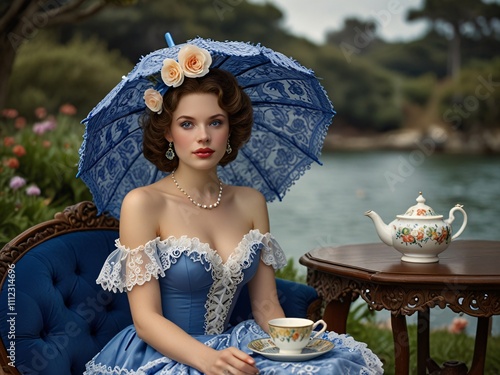 Elegant Woman in Victorian Dress with Parasol  Tea Party by Lake photo