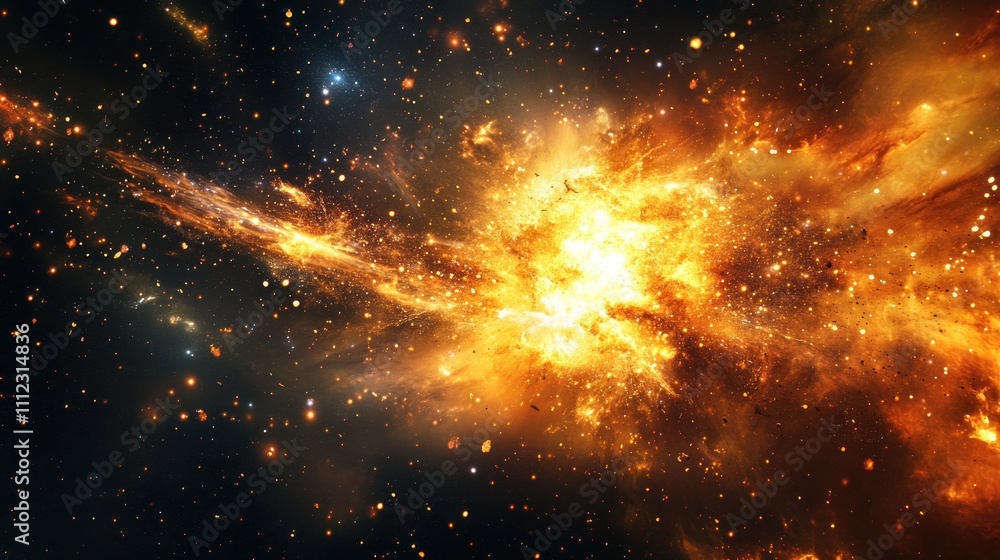 Fototapeta premium A supernova, with its light dissolving into a mist of sparkling particles, leaving behind a trail of brilliance against a black backdrop, with a sense of cosmic energy and destruction.