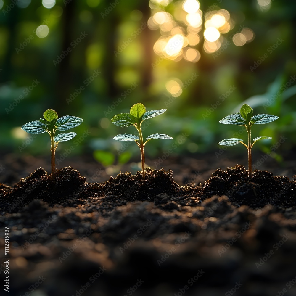 Fototapeta premium Three small plants are growing in the dirt