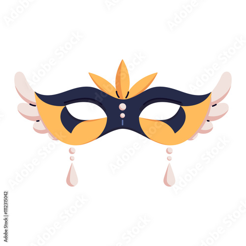 Festive mask for Mardi Gras celebration. Decorated Colombina masque for masquerade. Carnival disguise, facial hiding accessory, theater face. Flat isolated vector illustration on white background
