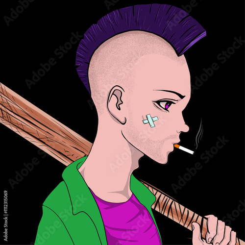 Slika na platnu cartoon character of a man with skinhead hair, smoking, side view