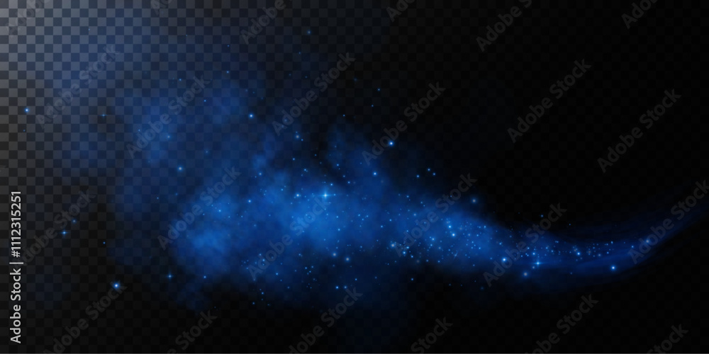 Obraz premium Fantastic smoke background. Magic smoke with glitter and small particles of twinkling stars, fog with luminous particles, blue vapor with stardust. Vector illustration. 