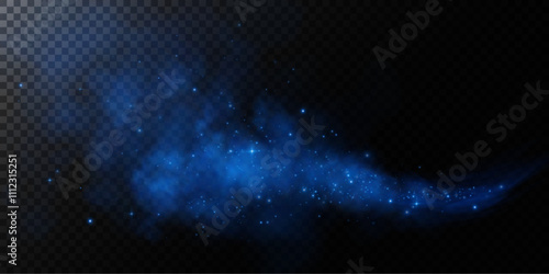 Fantastic smoke background. Magic smoke with glitter and small particles of twinkling stars, fog with luminous particles, blue vapor with stardust. Vector illustration.	