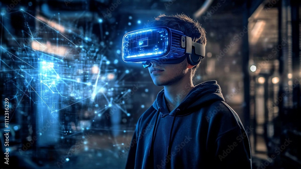 Person in VR headset blending digital and physical worlds, experiencing innovative gaming and learning opportunities in AR environment with Person in VR headset blending digital and physical worlds, experiencing innovative gaming and learning opportunities in AR environment with
