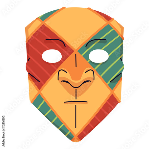 Ornamented Venetian Bauta mask. Golden facial accessory for festive masquerade. Carnival disguise for Mardi Gras. Squared theater masque for face. Flat isolated vector illustration on white background photo