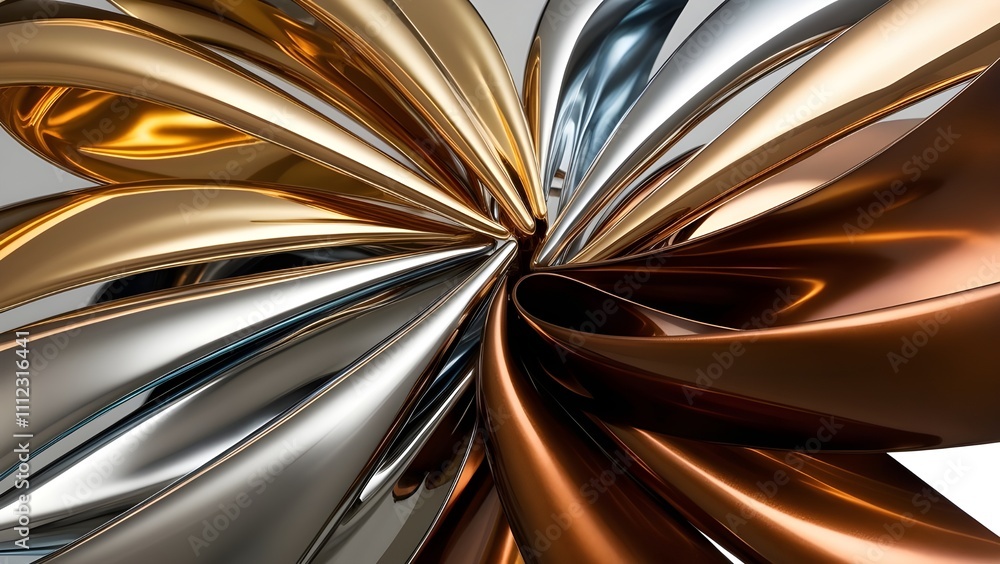Metallic Elegance. An abstract composition with a sleek metallic finish, featuring intertwining ribbons of gold, silver, and bronze Metallic Elegance. An abstract composition with a sleek metallic finish, featuring intertwining ribbons of gold, silver, and bronze