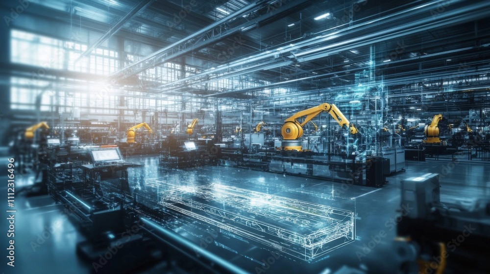 Fototapeta premium Cutting edge Industry 0 Smart Factory Displays Advanced Automation and Robotics in Futuristic Setting with Technology Integration
