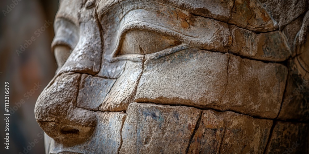 A detailed view of a weathered and artistic carved face. This sculpture represents ancient artistry with intricate features and textures. It is a beautiful piece of historical significance. AI A detailed view of a weathered and artistic carved face. This sculpture represents ancient artistry with intricate features and textures. It is a beautiful piece of historical significance. AI