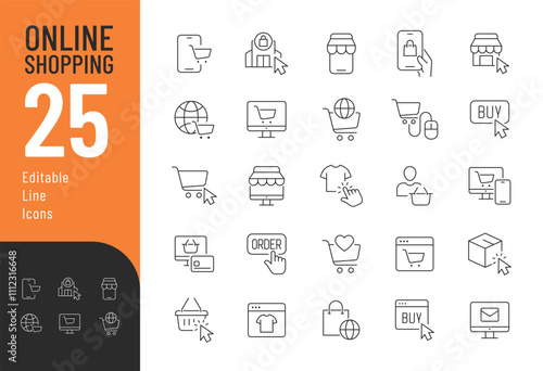 Online Shopping Line Editable Icons set. Vector illustration in modern thin line style of e-commerce related icons: marketplace, order, purchase, and more. Pictograms and infographics for mobile apps