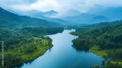 Serene Mountain Lake Panorama: An Aerial View of Tranquil Waters Nestled Amongst Lush Green Hills and Misty Peaks