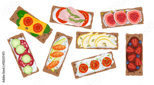 Crispbread Sandwiches. Rye crispbread isolated on white background, top view. Crispbread with soft cheese, sausage, vegetables, fruits. Healthy snack Design for menu cafe, cooking class, recipe.