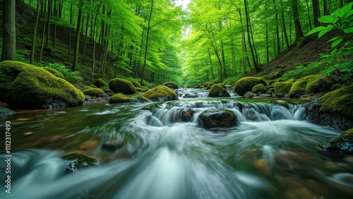 Serene Stream Cascading Over Rocks in Lush Forest