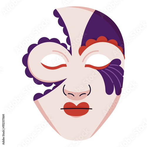 Design of Venetian carnival mask for Mardi Gras. Festive facial disguise accessory for masquerade. Painted theater masque for hiding face. Flat isolated vector illustration on white background