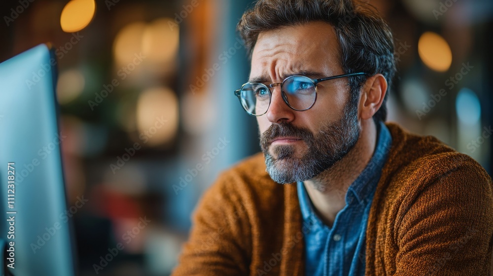 Thoughtful Man Wearing Glasses Working at Computer Thoughtful Man Wearing Glasses Working at Computer