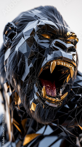 Polygonal gorilla with golden fangs roaring in a stylized, futuristic design concept, high detail and dramatic lighting photo