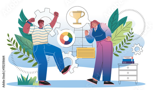 Business team celebrating success. Man and woman near trophy and golden cup. Prize and reward for best employees. Team win. Flat vector illustration