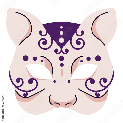 Venetian Gnaga mask for Mardi Gras holiday. Carnival facial disguise accessory for masquerade. Ornamented theater masque of cat for hiding face. Flat isolated vector illustration on white background
