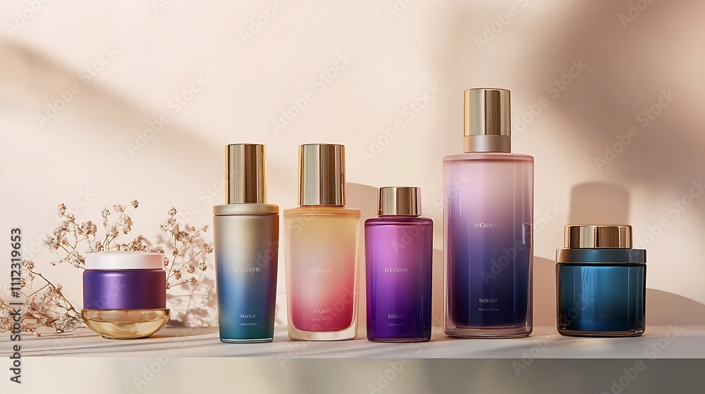 Luxury Skincare Products on a Shelf with Floral Decorations Luxury Skincare Products on a Shelf with Floral Decorations