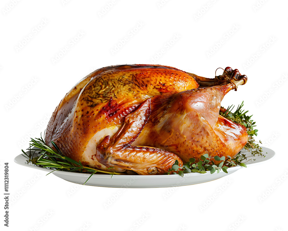 Roast Turkey on a Platter with Fresh Herbs Isolated on a Transparent Background Roast Turkey on a Platter with Fresh Herbs Isolated on a Transparent Background