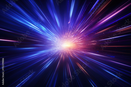 Wonderful 3d Render, Blue purple light line through dark background, hyper speed warp in space