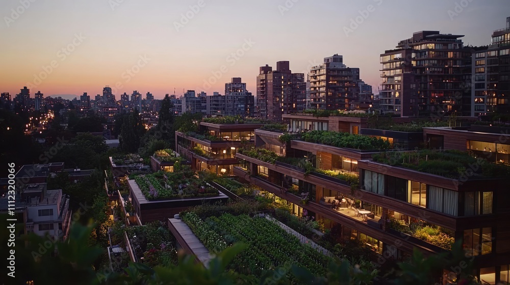 Fototapeta premium Modern cityscape at sunset with green rooftops and urban architecture.