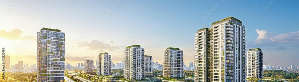 Modern urban skyline with green spaces and tall buildings under clear blue sky. Modern urban skyline with green spaces and tall buildings under clear blue sky.