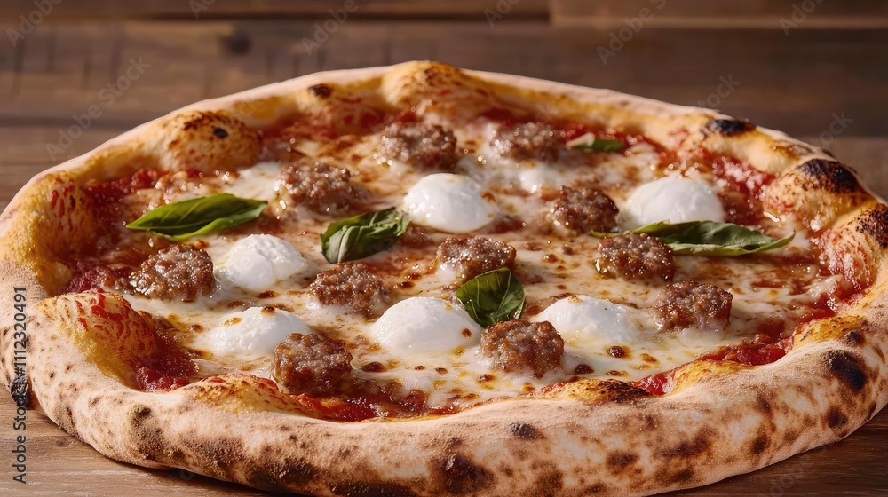 Delicious pizza topped with meatballs and fresh basil on a wooden table. Delicious pizza topped with meatballs and fresh basil on a wooden table.