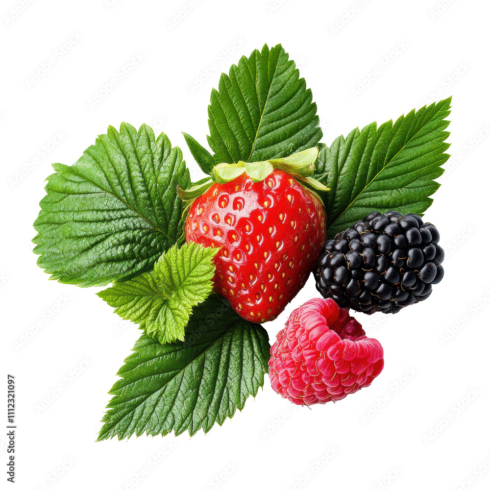 Freshly picked strawberries and berries with green leaves Freshly picked strawberries and berries with green leaves