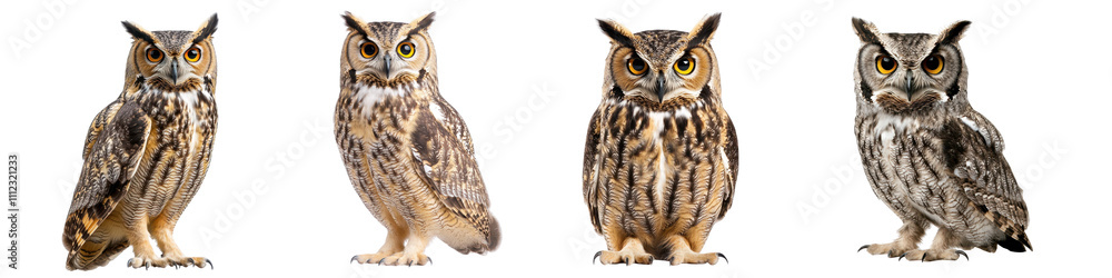 Collection of Majestic Owls in Different Poses Against a Transparent Background Collection of Majestic Owls in Different Poses Against a Transparent Background