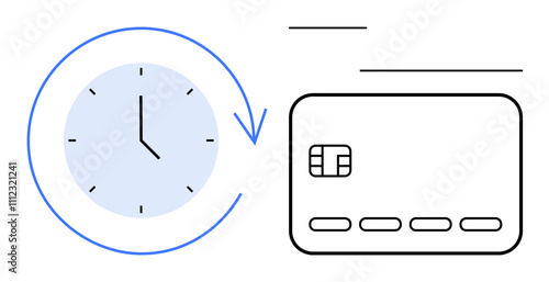 Blue clock with circular arrow around it next to a black and white credit card. Ideal for time management, financial planning, budgeting, banking, payment schedules, debt management, and cash flow