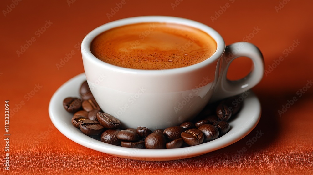 A White Espresso Cup Rests On Saucer With Beans A White Espresso Cup Rests On Saucer With Beans