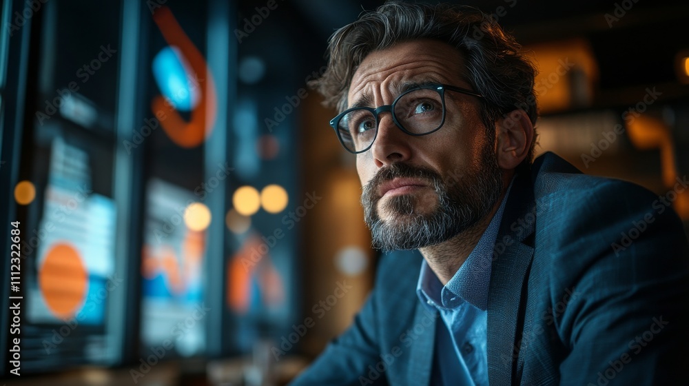 Fototapeta premium Thoughtful Man Contemplating Business Data Charts
