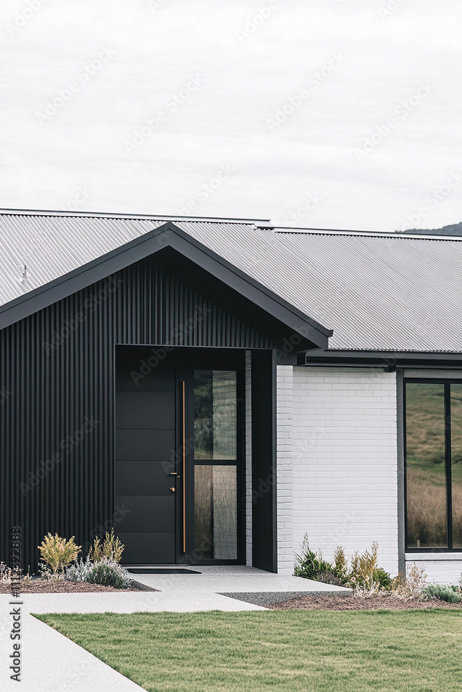 A modern New Zealand-style house with a black roof and white walls. The yard features green grass, showcasing a modern farmhouse aesthetic with a minimalist design and a raw, natural feel. A modern New Zealand-style house with a black roof and white walls. The yard features green grass, showcasing a modern farmhouse aesthetic with a minimalist design and a raw, natural feel.