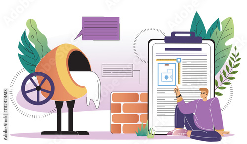 Concrete finisher man. Man sits near concrete mixer and brick wall. Construction, engineering and architecture. Worker or builder. Flat vector illustration