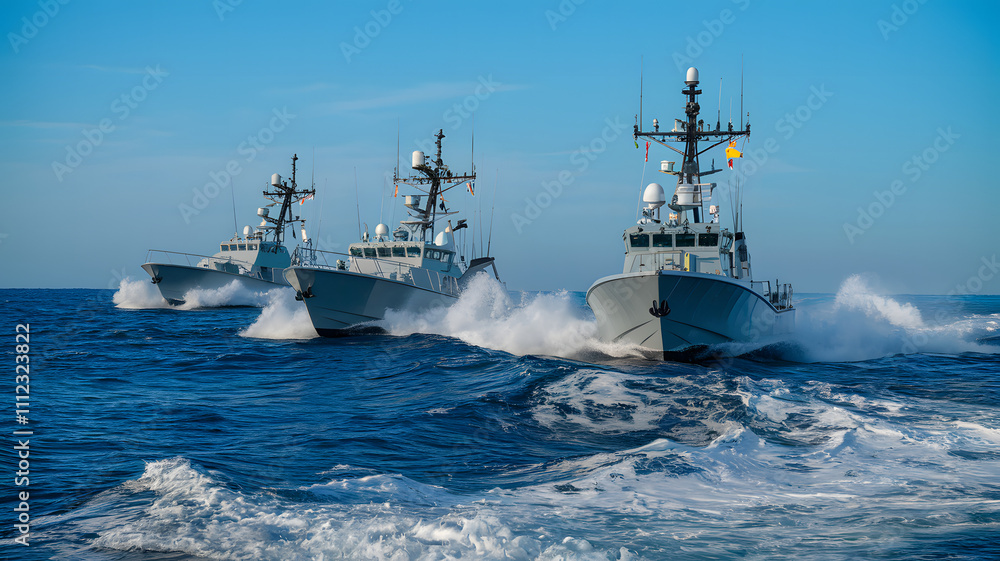 Naval patrol boats cruising through the open sea, maintaining security and vigilance in international waters, symbolizing maritime defense and global cooperation. Naval patrol boats cruising through the open sea, maintaining security and vigilance in international waters, symbolizing maritime defense and global cooperation.