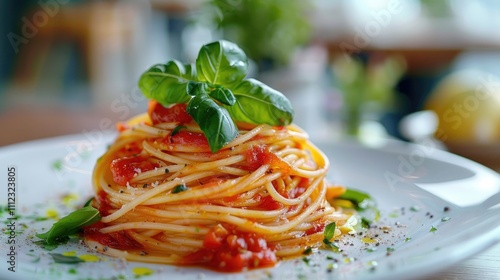 A visually stunning dish of capellini with a delicate tomato basil sauce and a touch of olive oil, set on an elegant dining table photo