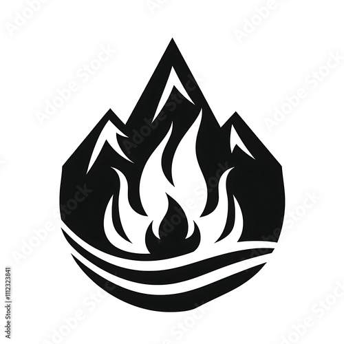 Stylized emblem featuring mountains and flames. photo