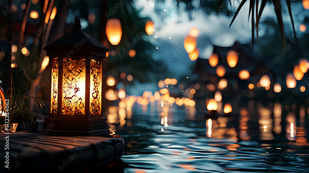 Obraz premium A lantern is lit on a wooden pier next to a body of water