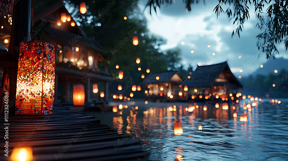 A serene scene of a lake with a wooden pier