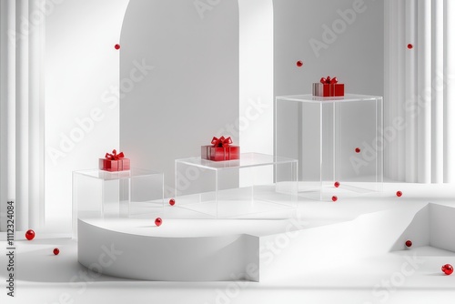 Acrylic tables with red accents on white architectural platform photo