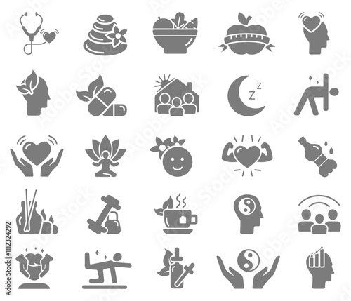 Set of line icons related to wellness, wellbeing, mental health, healthcare, spa, medical. Outline icon collection. Vector flat icons