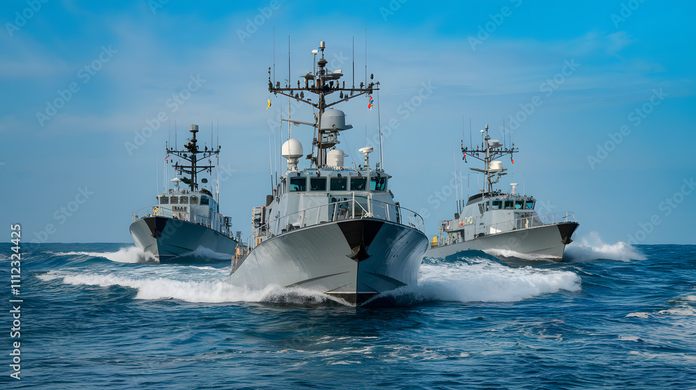 Naval patrol boats cruising through the open sea, maintaining security and vigilance in international waters, symbolizing maritime defense and global cooperation. Naval patrol boats cruising through the open sea, maintaining security and vigilance in international waters, symbolizing maritime defense and global cooperation.