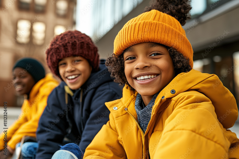 Three Kids Smiling Outdoors in Winter Gear Three Kids Smiling Outdoors in Winter Gear