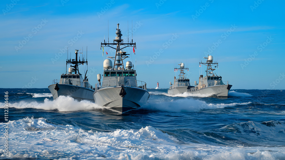 Naval patrol boats cruising through the open sea, maintaining security and vigilance in international waters, symbolizing maritime defense and global cooperation. Naval patrol boats cruising through the open sea, maintaining security and vigilance in international waters, symbolizing maritime defense and global cooperation.