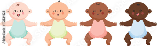 Cartoon baby vector illustration.Babies of different races and skin tones. Babysitting. Baby care. Nursing. Infant care.